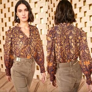 Ulla Johnson Top Blouse Long Sleeve Puff Chiffon Ruffle Navy Blue Orange Gold 2